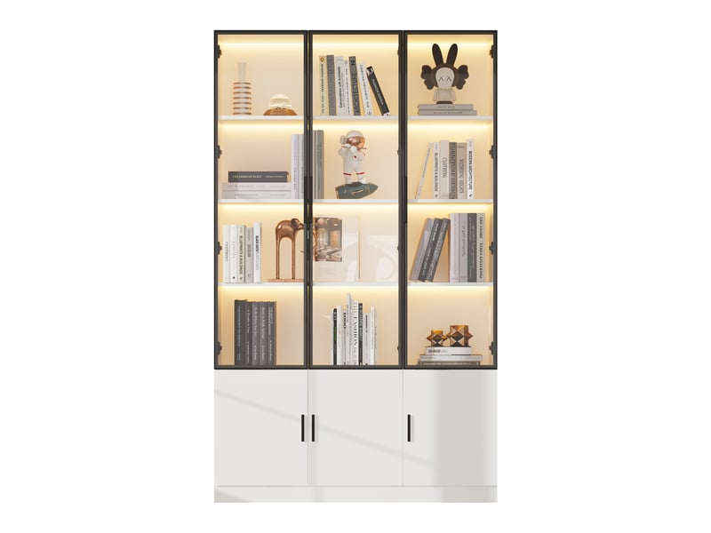  Vitrine haute 120x32x200 cm en mdf, 6 portes vitrées, led via app, étagères et anti-basculement - blanc  - Conforama A