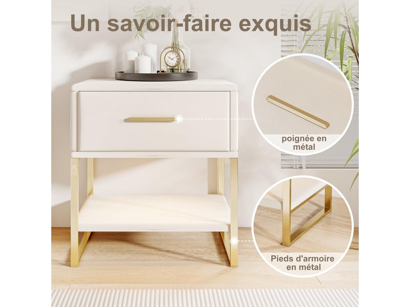Lot de 2 tables de chevet - 40x31x50cm - tables de nuit en velours avec éclairage led rgb & tiroir - beige - Conforama D