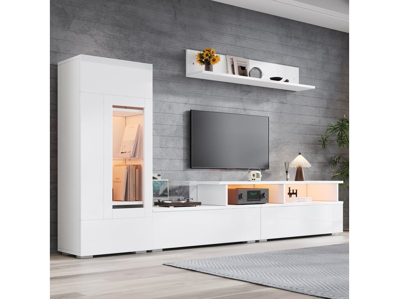  Ensemble meuble tv mural 3 pièces blanc brillant avec éclairage led - pour téléviseur jusqu'à 75 pouces  - Conforama B
