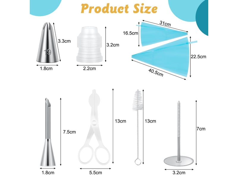  Poche a douille patisserie 34 pcs, 24 douilles en acier inoxydable, 2 poches à douille réutilisables en silicone, pour gâteaux, cupcakes, cookies  - Conforama B