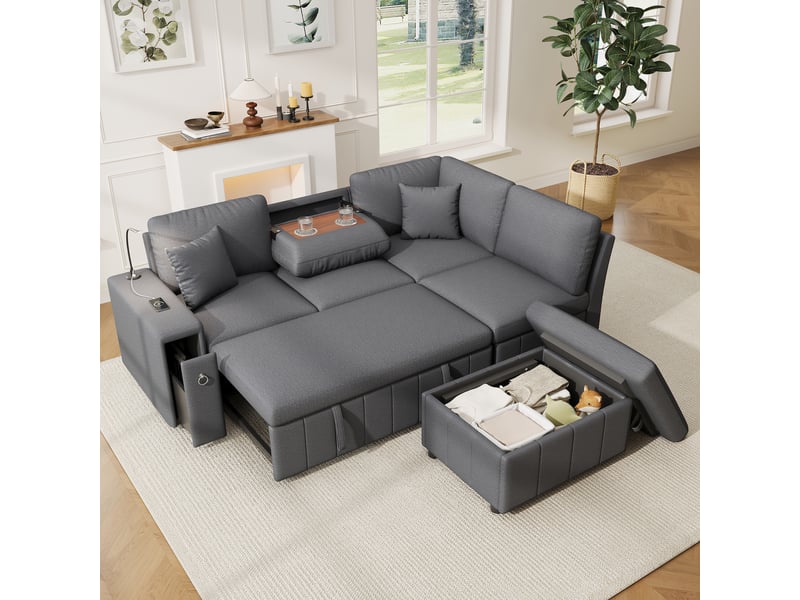  Canapé d'angle convertible 5 places avec méridienne modulable, coffre de rangement et pouf, usb-c, lampe de lecture - gris  - Conforama D