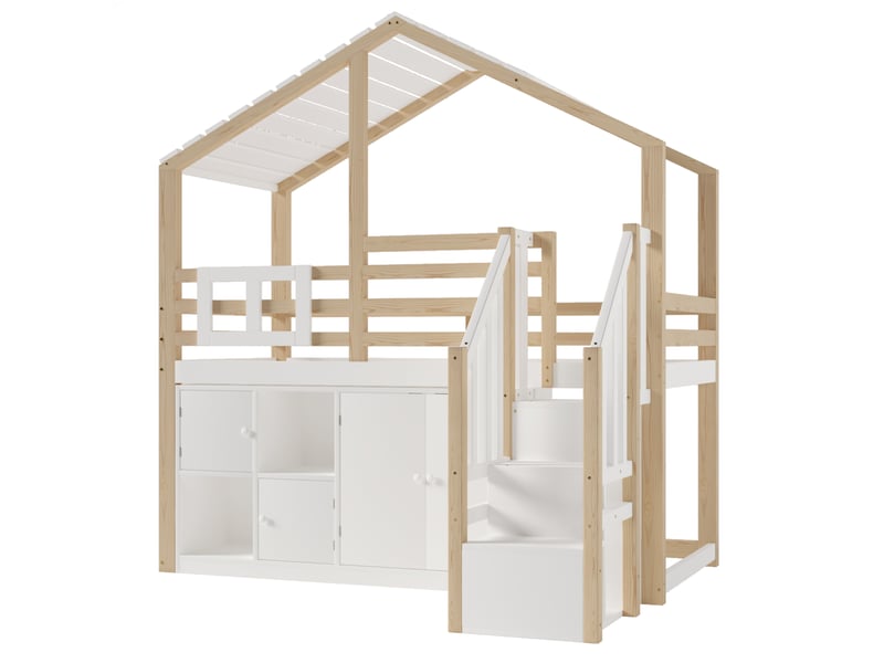  Lit 90x200 cm mezzanine 4 portes, bois et mdf, blanc et naturel, sans matelas  - Conforama R
