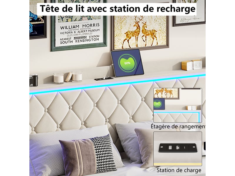  Lit coffre 140x190 avec led et usb, lit 2 places avec rangement lit double rembourré avec tête de lit capitonné lit hydraulique avec sommier à lattes lit 2 personnes beige velours, sans matelas  - Conforama E