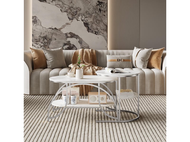  Lot de 2 tables basses - 80x46x45cm - table de salon gigognes rondes plateau effet marbre blanc et métal - argenté  - Conforama C