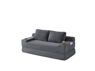 Canapé droit convertible 2 places en velours côtelé gris avec porte-gobelets et rangements latéraux pratiques