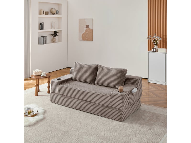  Canapé-lit convertible 2 places modenvie en velours côtelé marron avec porte-gobelets et poches de rangement 180 x 85 x 62 cm  - Conforama D