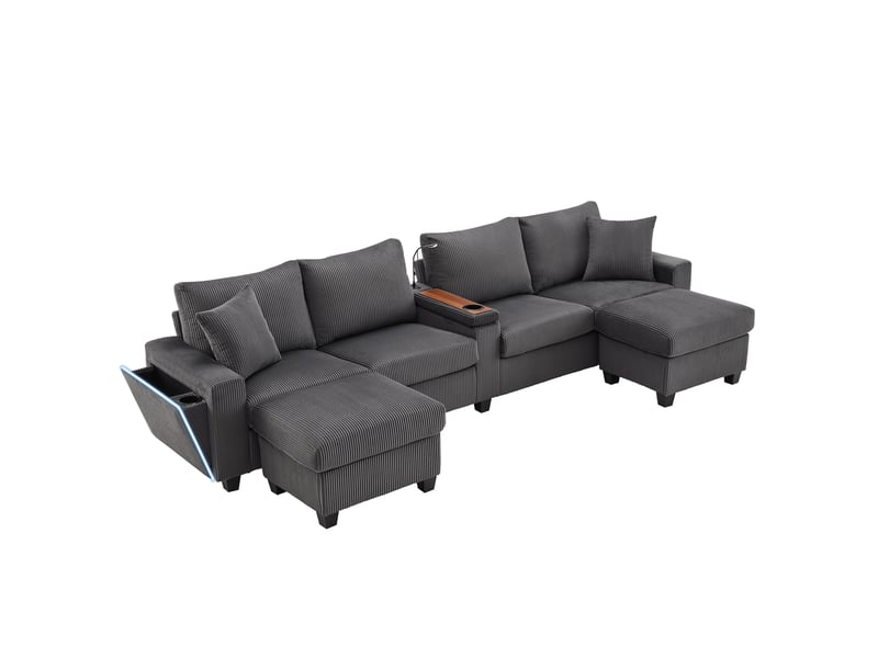 Canapé modulable canapé d'angle 4 places en velours côtelé avec 2 poufs de rangement lampe de lecture ports usb - gris - Conforama A