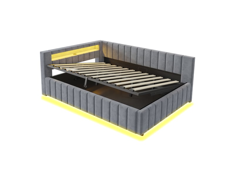 Litcanapé-lit capitonné 140x200, avec rangement hydraulique, éclairage led et port de chargement usb, dossier, tête de lit et cadre de lit robuste, revêtement en velours gris - Conforama D