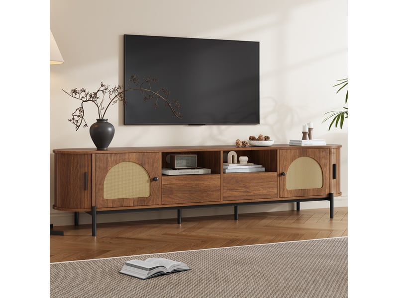  Meuble tv ovale 200x40x49,5 cm – noyer – rangement avec portes coulissantes et tiroirs pour salon  - Conforama E