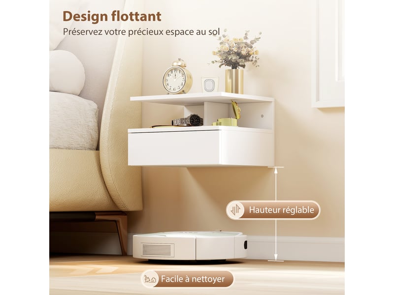  Lot de 2 tables de chevet murales, tables de nuit suspendues avec tiroir, étagère ouverte, 35x32x22,5cm, blanc  - Conforama E