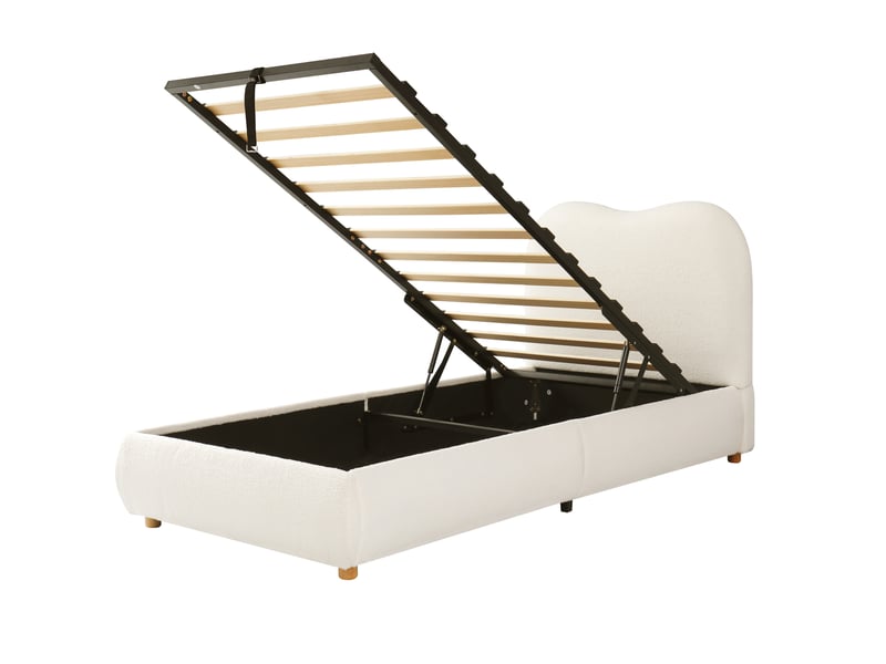 Lit enfant coffre 90x200cm avec relevage moderne, sommier à lattes, tête rembourrée, tissu bouclé beige sans matelas - Conforama R