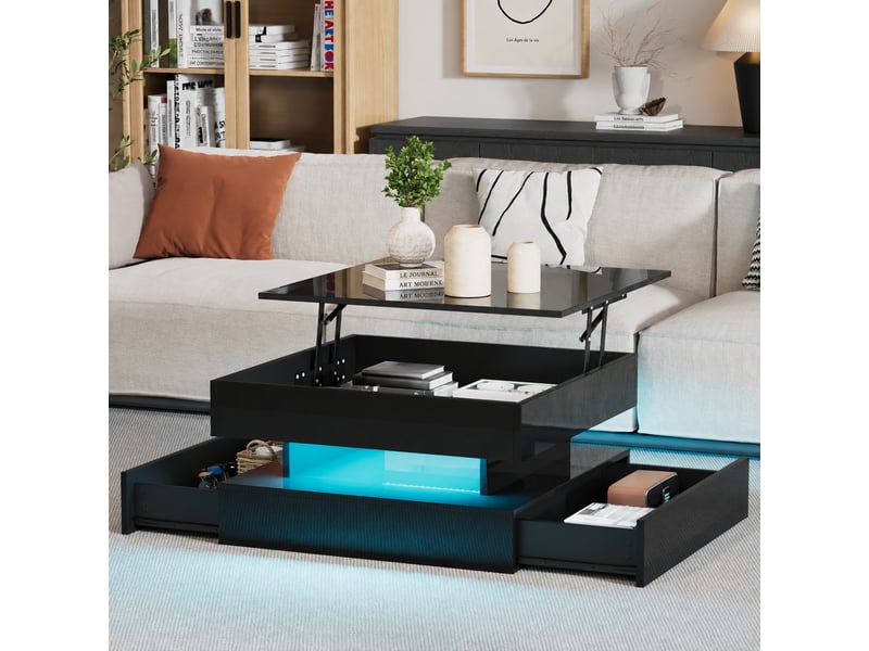  Table basse relevable noire 65 x 65 cm, led, rangement caché et 2 tiroirs, effet brillant  - Conforama C