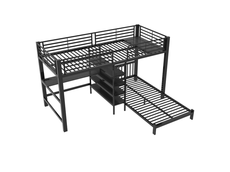Lit superposé 90x200 cm en métal, bureau, prises usb et type-c, 3 étagères, certifié en747, noir - Conforama A