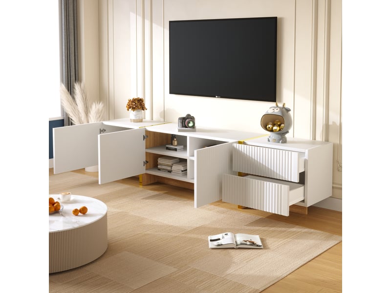  Meuble tv 190x35x45 cm avec 3 portes, 2 tiroirs et led, blanc et doré  - Conforama W