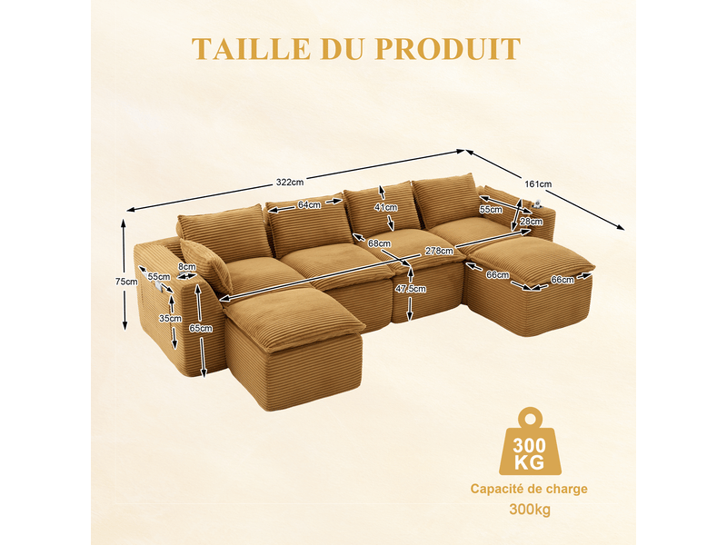 Canapé modulable 4 places en velours côtelé orange 322x161x75 cm avec 2 poufs, coussins, poches et porte-gobelet salon W3056S00075 - Conforama C