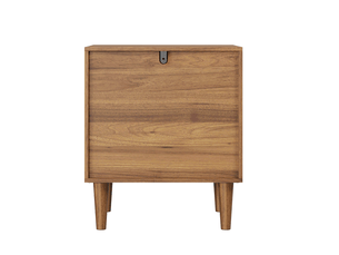 Table de chevet bohème marron en mdf avec 2 tiroirs, décor géométrique et poignées dorées pour la chambre