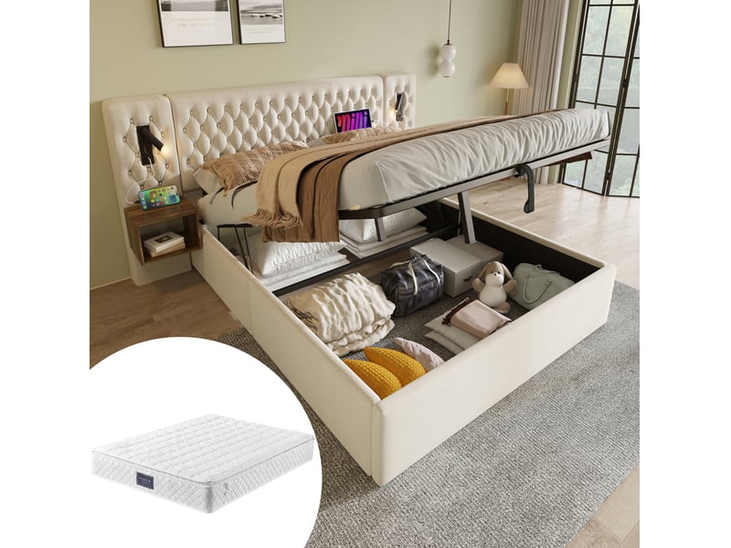  Lit coffre 160x200 cm, beige, sommier à lattes, usb, lampes de lecture, doté de 2 tables de chevet  - Conforama B
