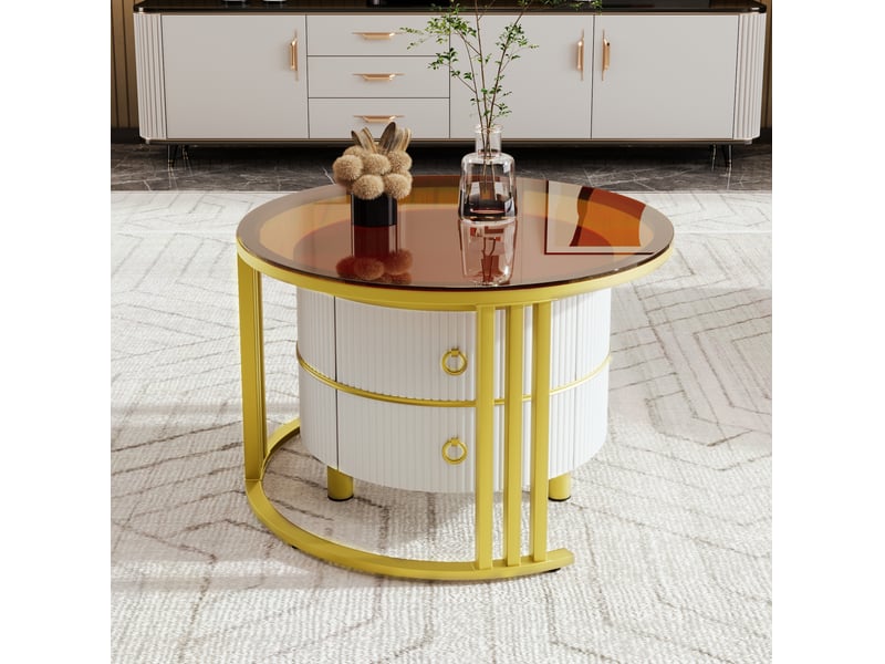  Table basse gigogne ronde 70x70x45 + 50x50x40 cm, 2 tiroirs et 1 plateau en verre trempé marron, coloris blanc  - Conforama E