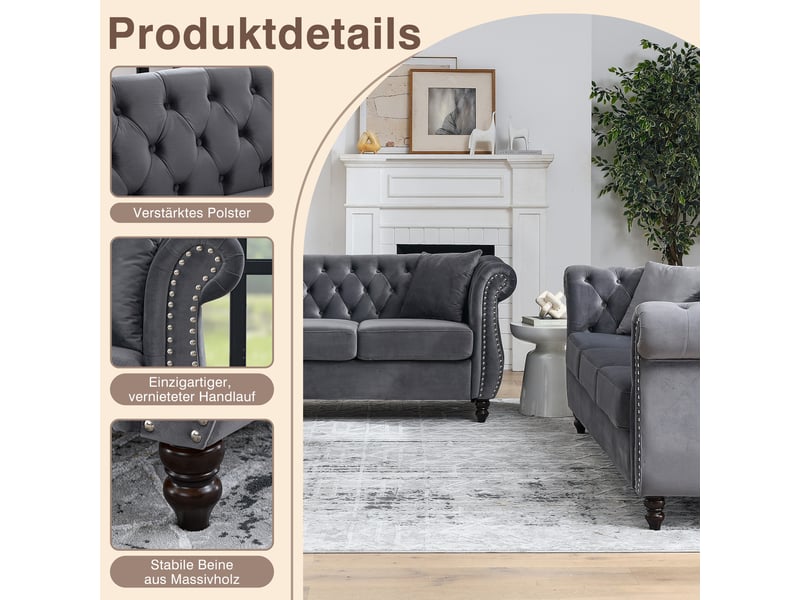  Canapé chesterfield gris en velours, 203 x 73,6 x 76 cm, pieds en hévéa, boutons capitonnés, clous argentés  - Conforama E