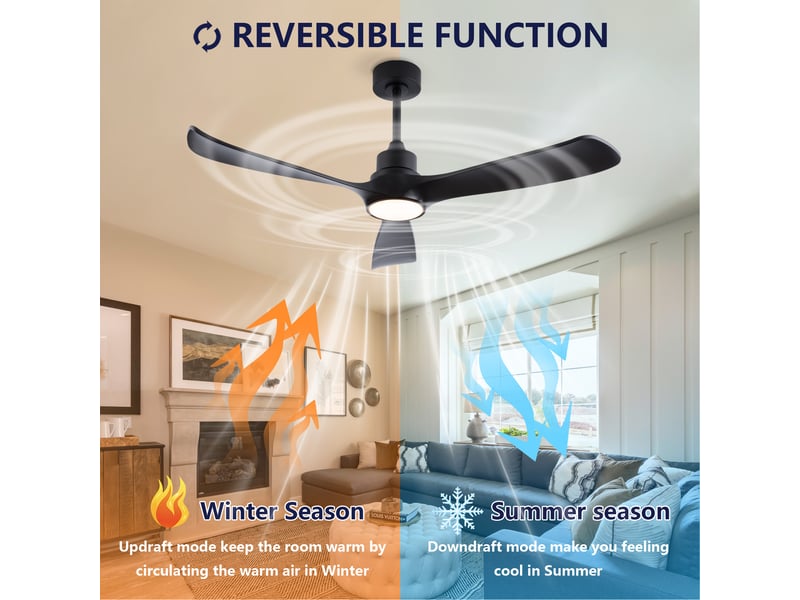  Ventilateur plafond 52 noir avec lumière, télécommande, moteur dc réversible, 3 temps couleur – intext, chambre, salon  - Conforama W