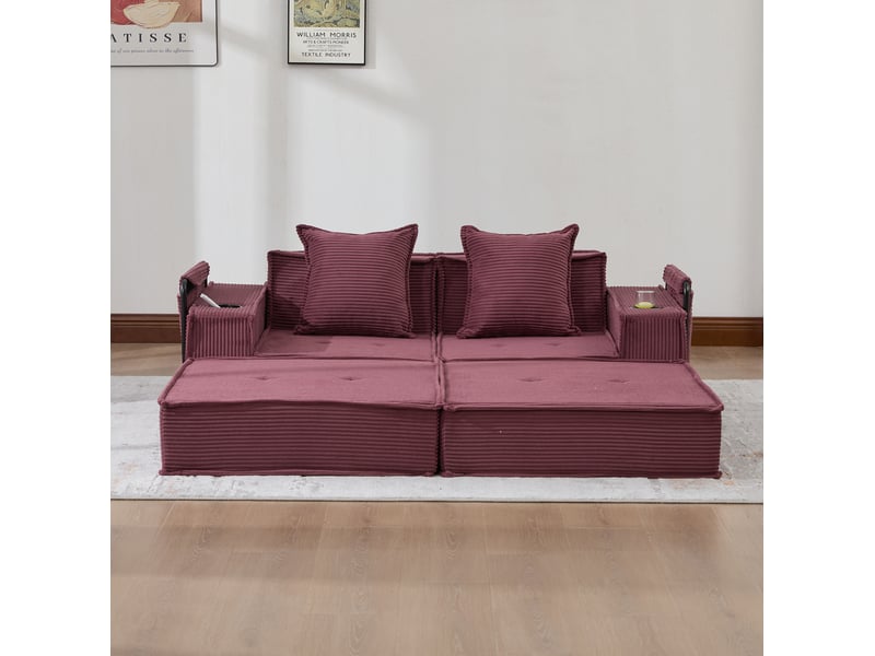  Canapé convertible 2 places en velours côtelé rouge bordeaux avec 2 coussins  - Conforama D
