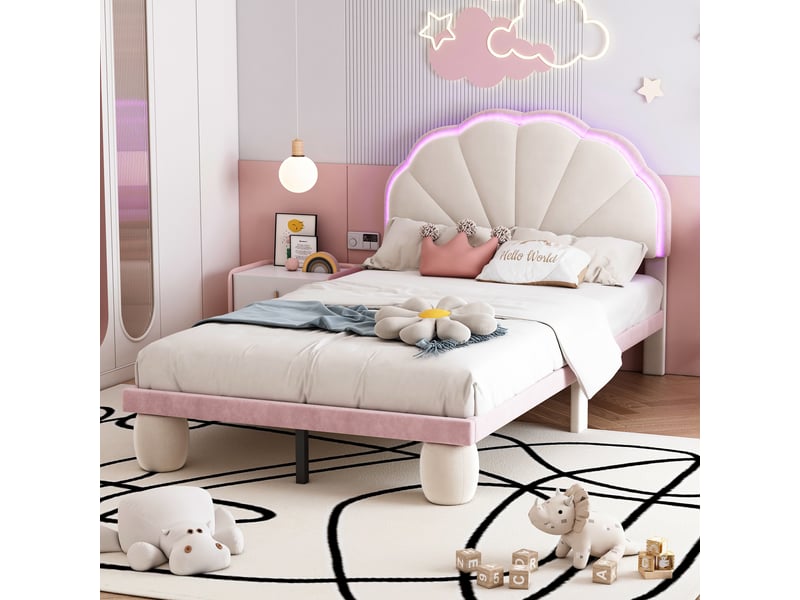 Lit enfant capitonné avec bande lumineuse led multicolore à couleurs changeantes, tête de lit à motif ondulé, pieds ronds capitonnés, sommier à lattes en bois, lit simple, velours, beige et rose, 90 x 200 cm  - Conforama B