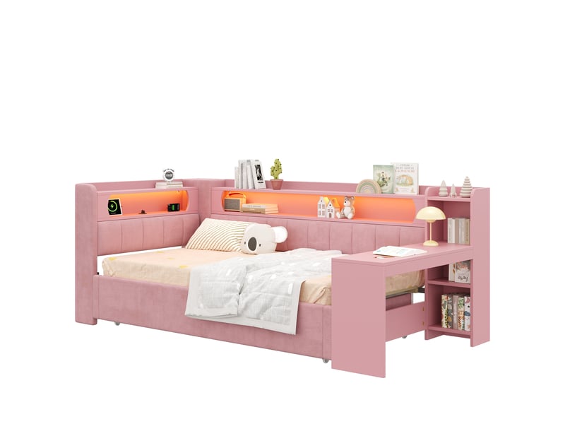  Lit banquette extensible 90 à 180 x 200 cm, lit gigogne, bureau, étagères, led, ports usb, revêtement lin, rose  - Conforama A
