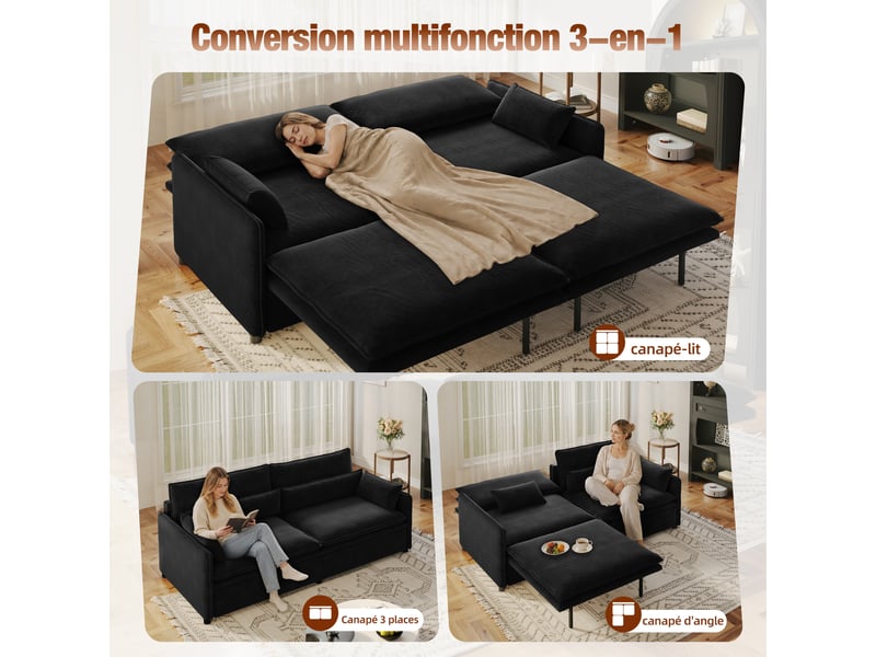  Canapé convertible 3 places noir en chenille avec rangement, 206 cm Fay Lum - Conforama E