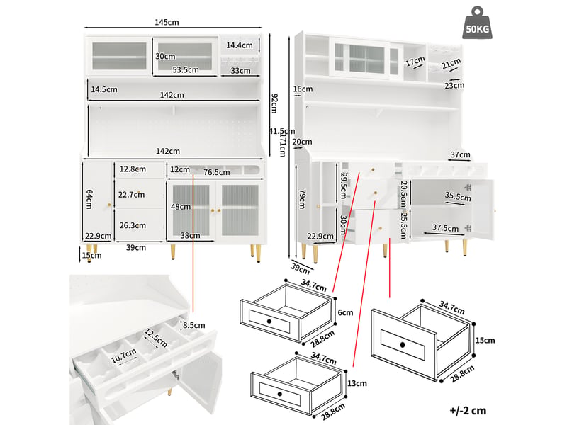  Buffet haut 145x39x171 cm blanc en mdf et verre, led, 3 étagères réglables pour cuisine et salon  - Conforama C