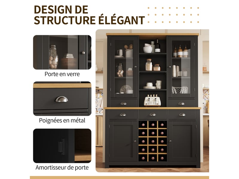  Buffet de cuisine haut 120 x 40 x 185 cm, porte vitrée, 5 tiroirs, étagère réglable, casier à vin amovible, anti-basculement, noir  - Conforama E