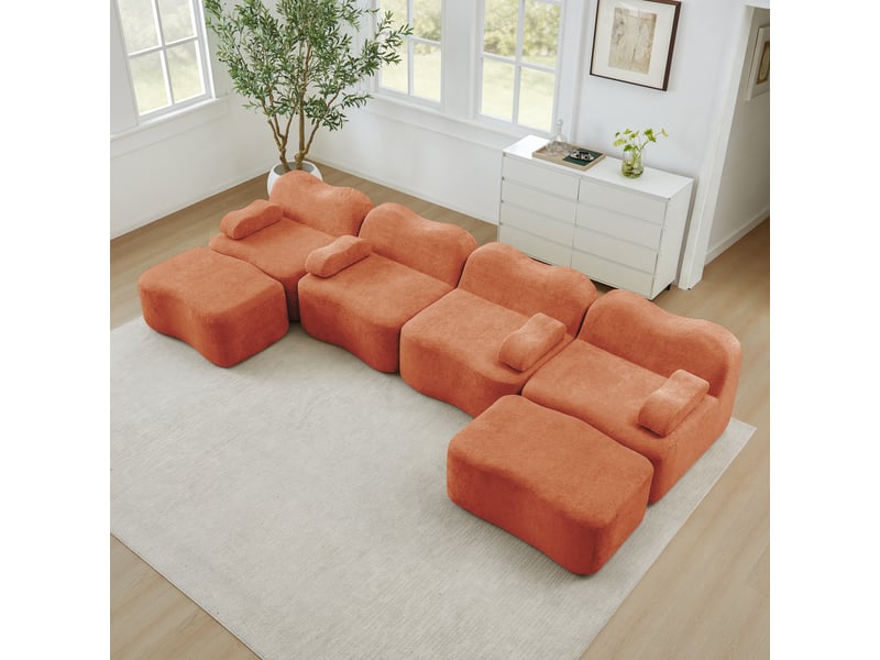  Canapé modulaire 4 places en u avec assise profonde, 2 poufs et accoudoirs coussins mobiles, en velours orange  - Conforama D