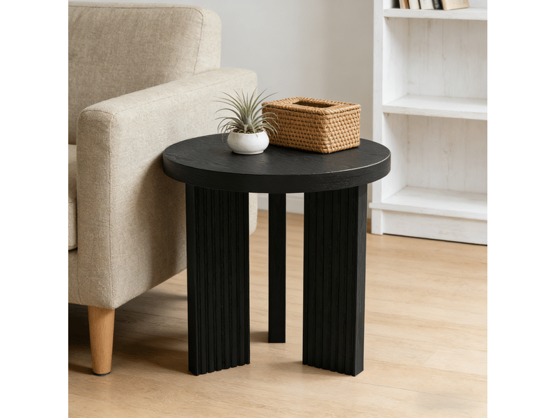 Table basse fixe ronde avec plateau et trois supports rainurés, style moderne en mdf noir pour salon et chambre 44,5 × 45 cm - Conforama E