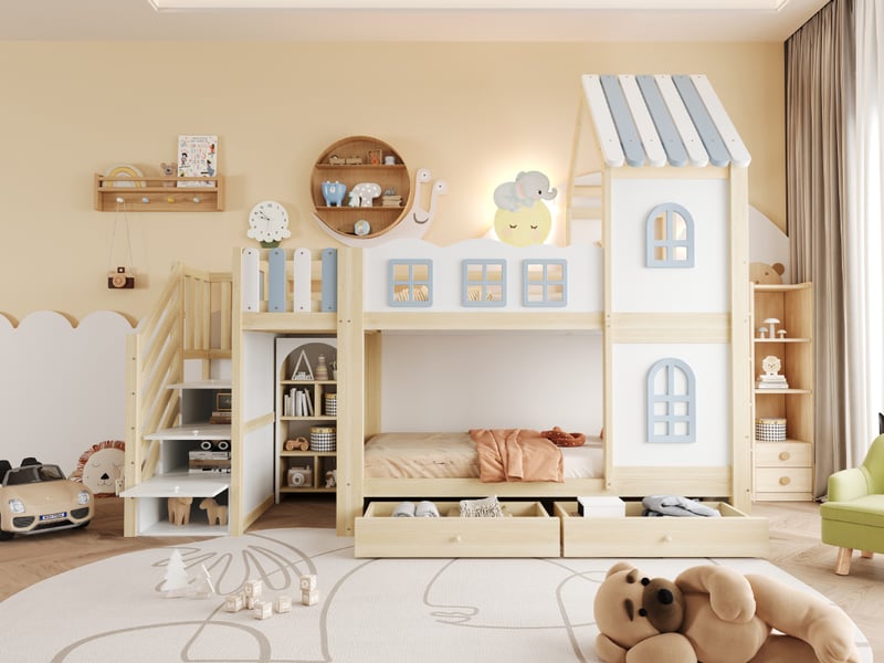  Lit superposé cabane 90 × 200 cm, escalier, étagères, tiroirs et toit décoratif, pin, mdf et contreplaqué, blanc et gris  - Conforama B