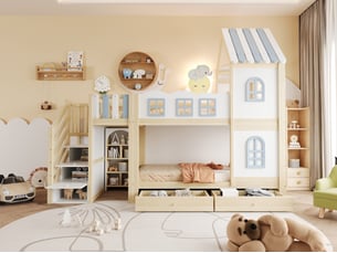 Lit superposé cabane 90 × 200 cm, escalier, étagères, tiroirs et toit décoratif, pin, mdf et contreplaqué, blanc et gris