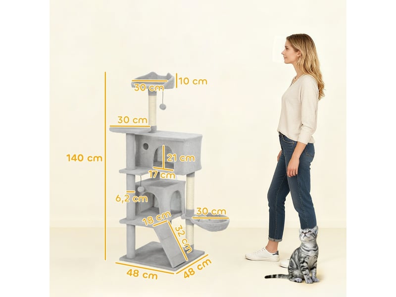  Arbre à griffer 140 cm avec niches, hamac et plateformes gris evryae  - Conforama E
