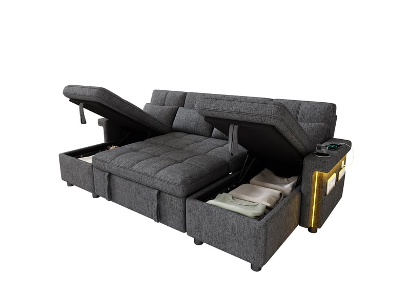 Canapé panoramique convertible en lit  268,5 cm, 4 places en u avec 2 méridiennes de rangement, dossier réglable, led, usbtype-c, chenille, gris  - Conforama A