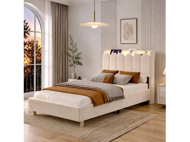  Lit enfant avec rangement et station de charge en velours beige  - Conforama C