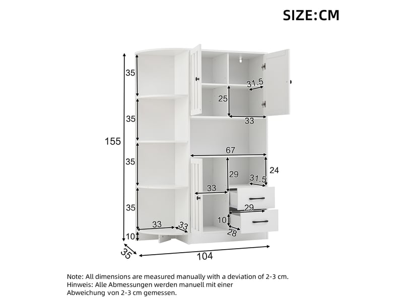  Meuble d’angle de salon 104x35x155 cm, aggloméré blanc, 3 portes, buffet de cuisine équipé de 2 tiroirs, espaces de rangement  - Conforama C