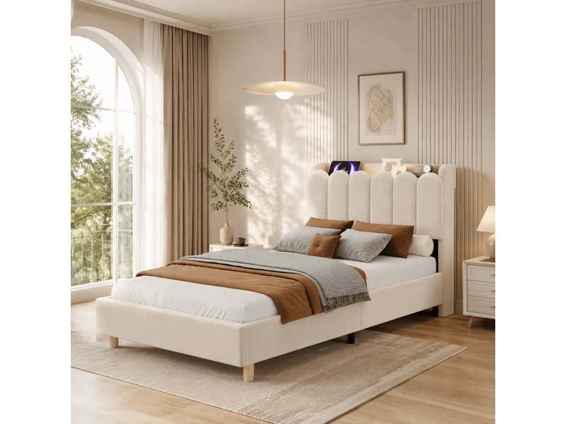  Lit enfant simple 90×200 cm avec étagères, usb, type-c et lampe de lecture - okmyhome- beige, sans matelas  - Conforama B