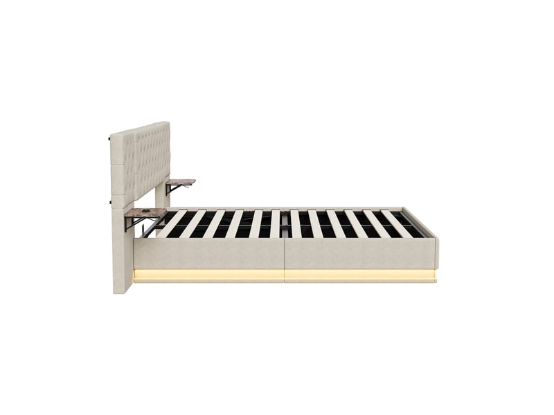  Lit coffre 2 places européen 160x200 cm, lit adulte, rangement, 2 chevets, led, recharge sans fil, port usb, lin beige  - Conforama W