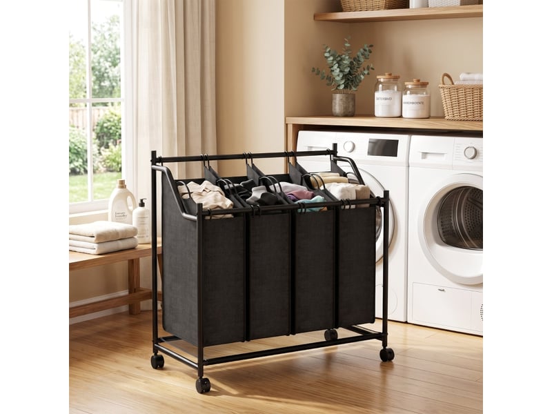  Panier à linge à 4 compartiments, capacité de 108 l, roues et poignée de transport, noir.  - Conforama B