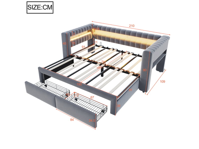 Lit gigogne 90 x 190 cm extensible 180 x 190 cm gris foncé en velours, rangement led et ports usb type-c - Conforama C