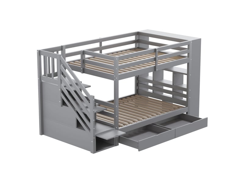  Lit superposé 90x200 cm – escalier sécurisé avec rangements – avec 2 tiroirs – gris (matelas non inclus)  - Conforama W