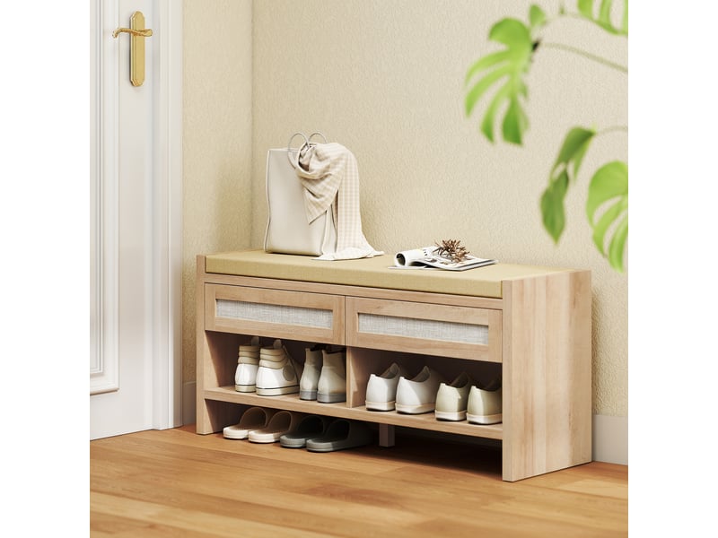  Banc chaussures entrée, banc de rangement, assise rembourrée en lin, 2 tiroirs en rotin et étagère ouverte, chêne  - Conforama D