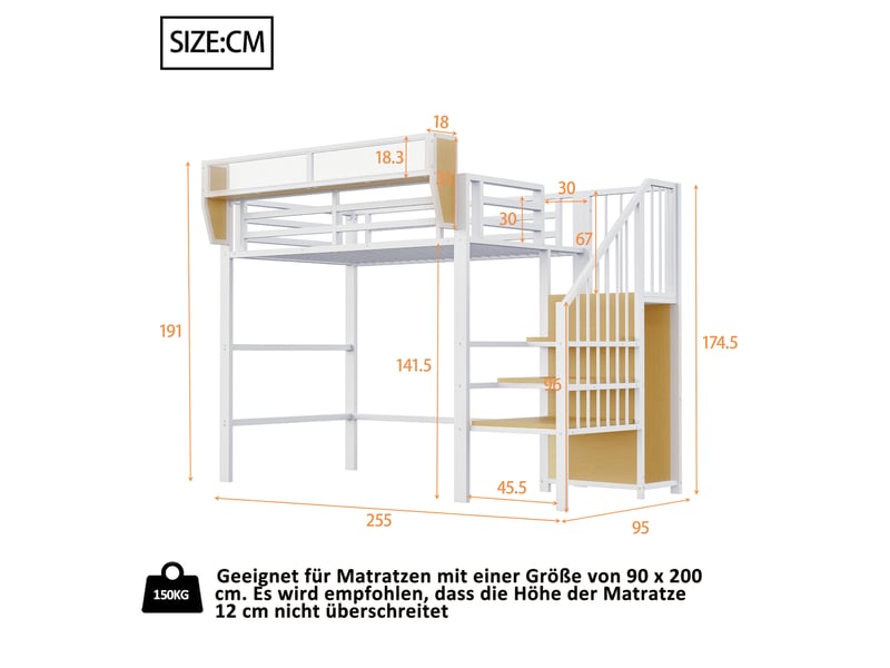 Lit mezzanine 90x200cm, lit enfant avec armoire, table, rangement, échelle et sommier, métal blanc, sans matelas - Conforama D