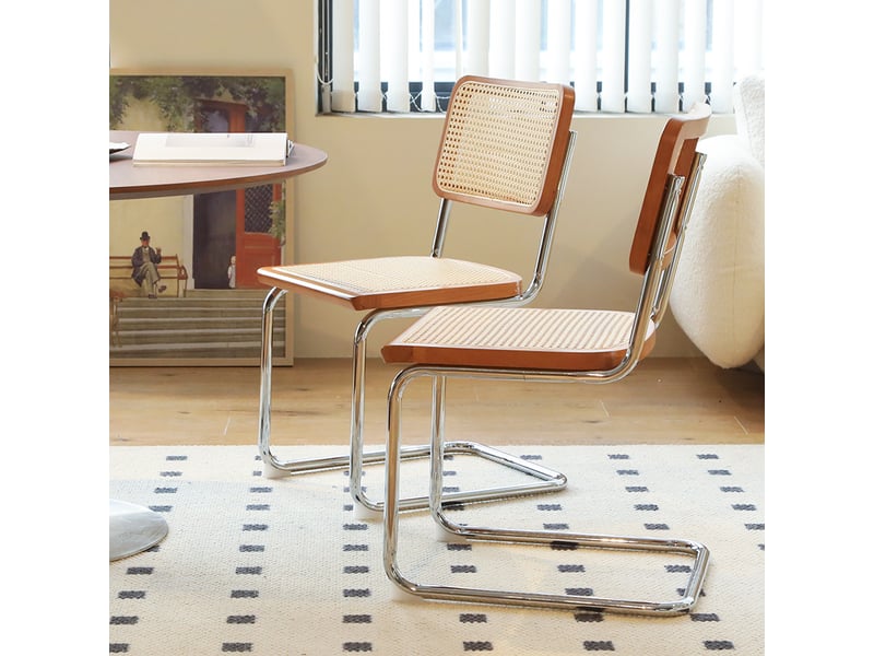  Lot de 2 chaises de salle à manger, dossier en cannage, assise velours, pieds chromés, style mid-century, brun et bois Seren Glow - Conforama D
