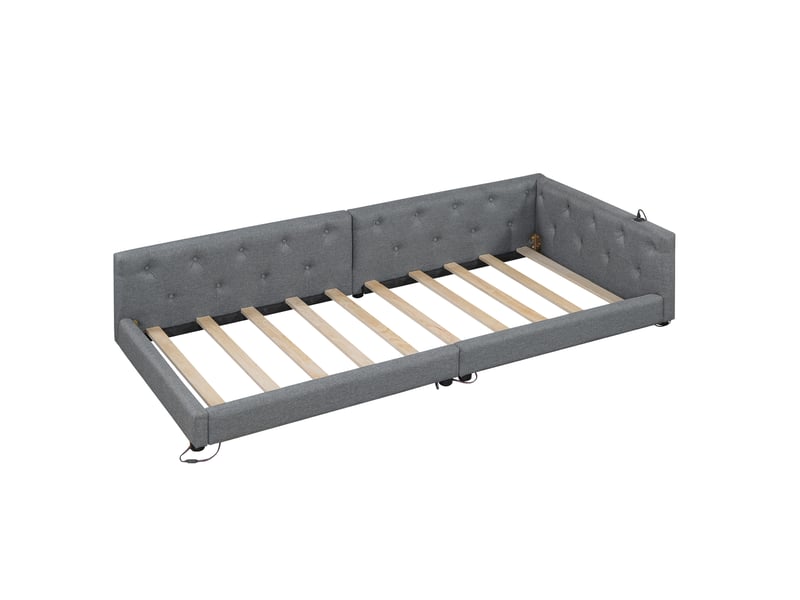  Canapé-lit 90 x 200 cm avec usb + type-c, lit simple avec led éclairage, lit adulte, lit 1 personne, gris, tête de lit capitonnée  - Conforama B