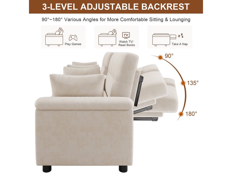  Canapé convertible en u beige, tissu chenille doux, lit double avec dossier réglable, espace animaux et porte-gobelets pour salon.  - Conforama E
