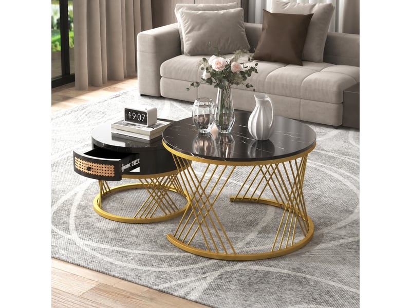  Ensemble de 2 tables basses rondes gigognes effet marbre noir et doré avec tiroir, ø 70 et 50 cm  - Conforama B