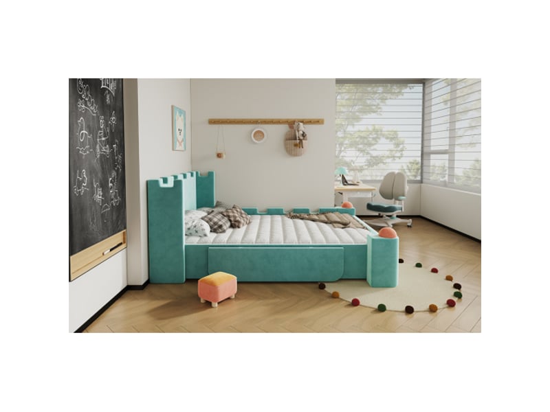  Lit enfant capitonné 140x200 - velours bleu-vert, design château, tiroir de rangement, tablette rabattable, anti-choc  - Conforama E